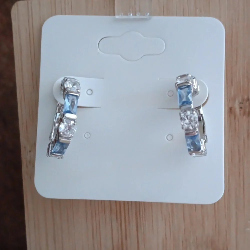 Silver Tone Clear Purple Rhinestone Pierced Earrings